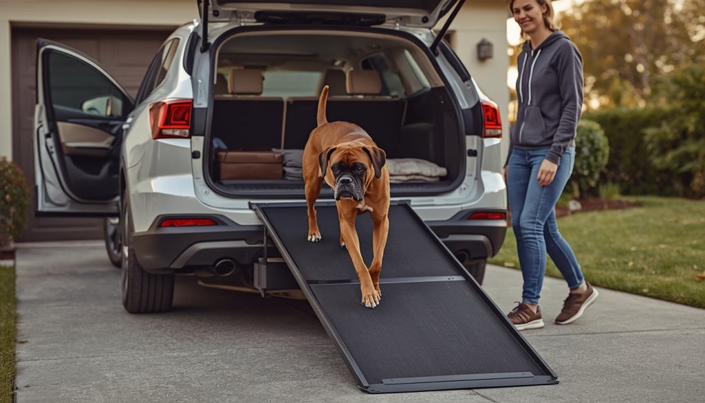 Senior Boxer using a portable dog ramp to enter an SUV.