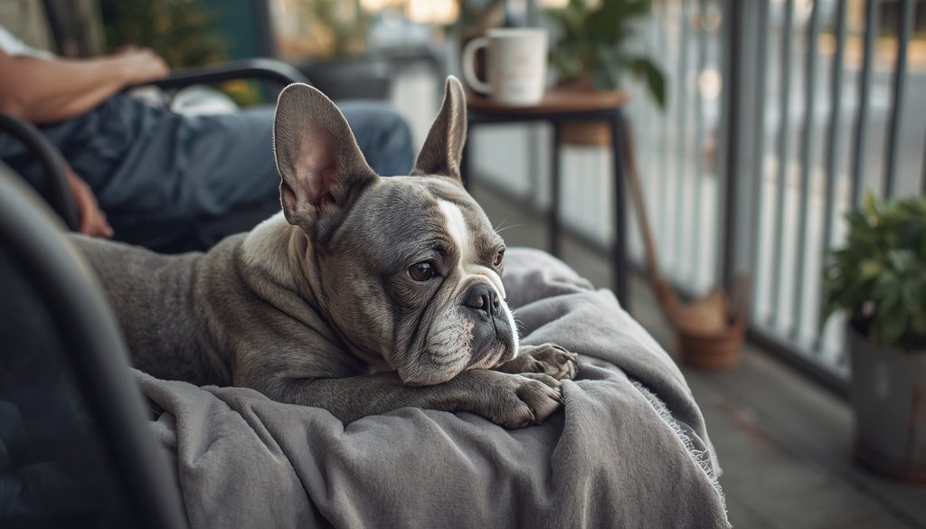 Senior French Bulldog resting comfortably beside its owner