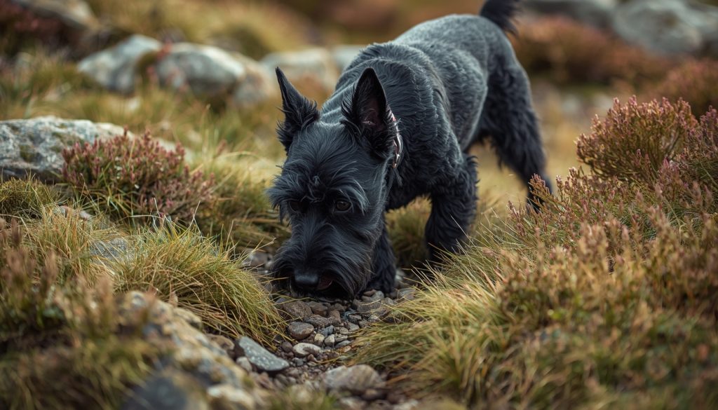 Scottish Terrier exploring grassland and following a scent