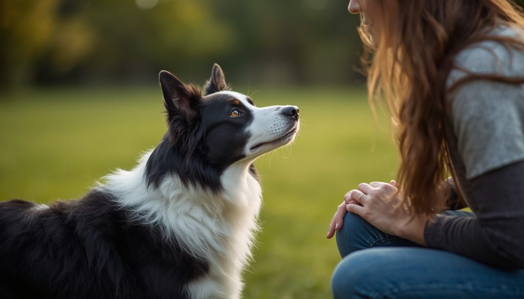 Border Collie looking attentively at its owner outdoors