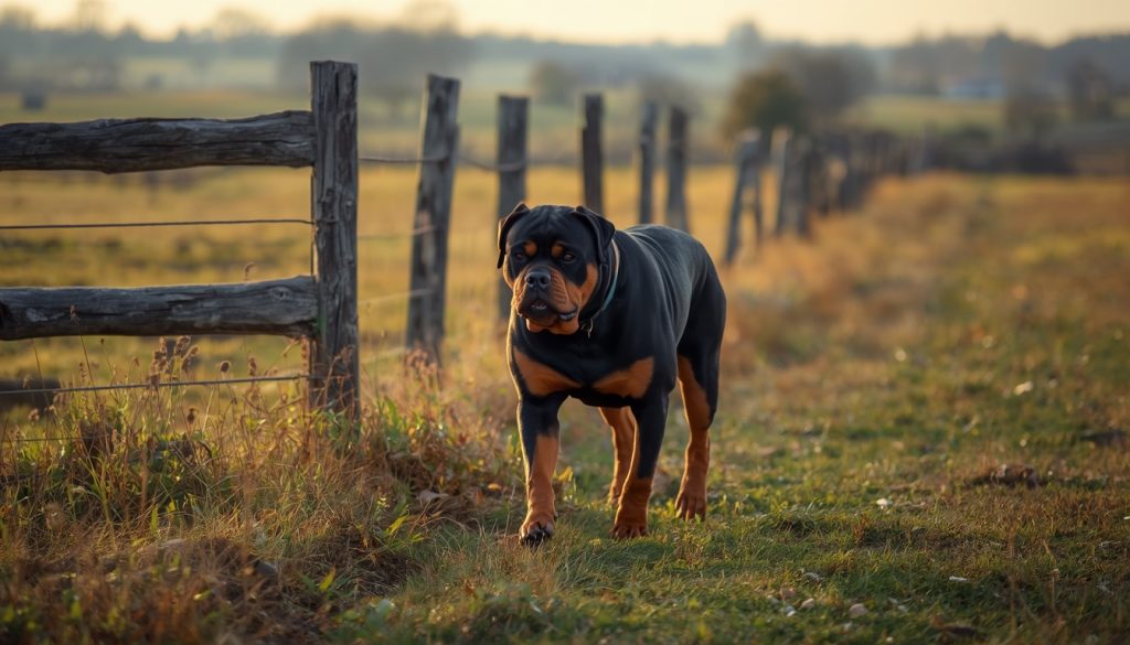 Rottweiler walking through a rural farm environment