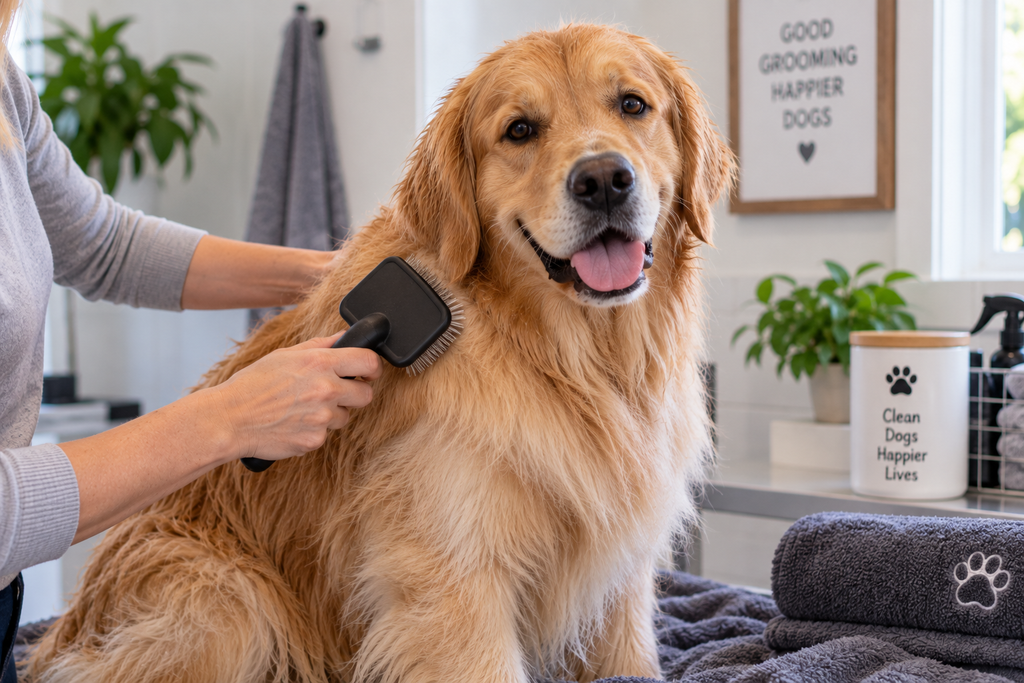 Dog being brushed after bathing and drying as part of a complete grooming routine.