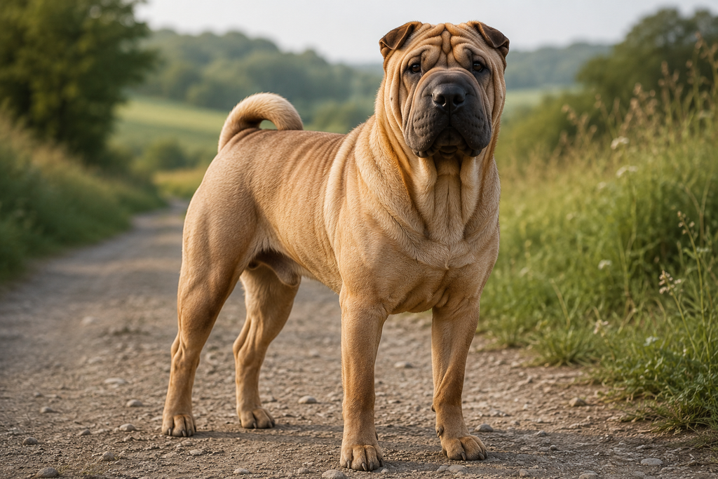 Chinese Shar-Pei standing on a country path