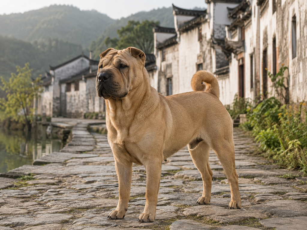 Chinese Shar-Pei in a rural setting reflecting the breed's origins in China