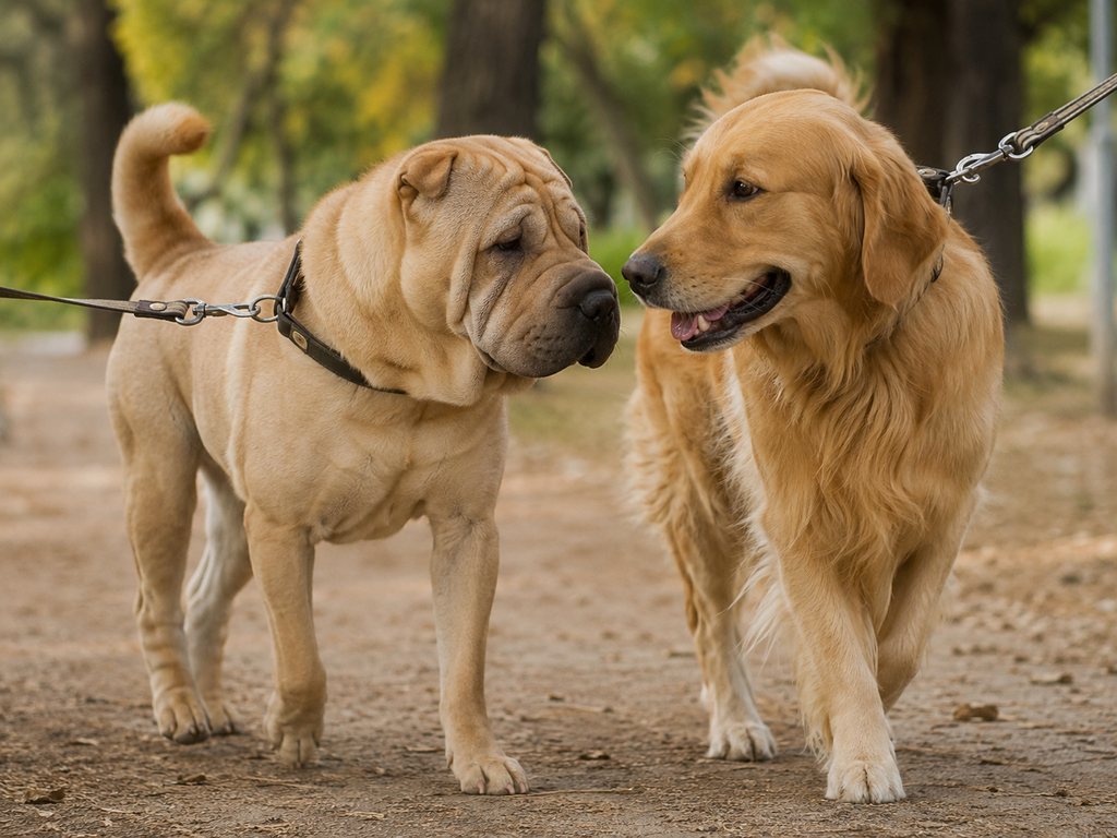 Chinese Shar-Pei calmly interacting with another dog