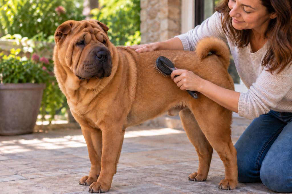 Chinese Shar-Pei being gently brushed by its owner during routine shedding and coat care.
