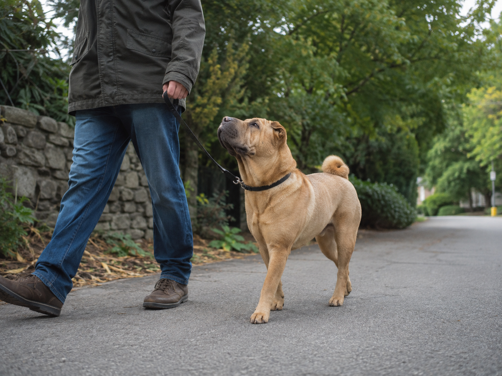 Chinese Shar-Pei walking calmly with its owner and showing its attentive, loyal temperament