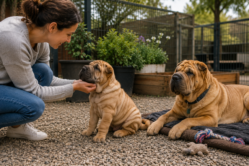 Chinese Shar-Pei puppy meeting a prospective owner while an adult rescue Shar-Pei rests nearby during a careful adoption decision