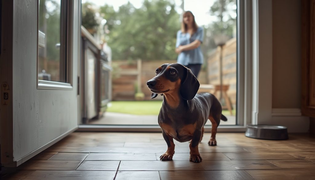 Why is my female dog suddenly peeing in the house. Female Dachshund standing near the back door while her owner watches for changes in her toilet habits.