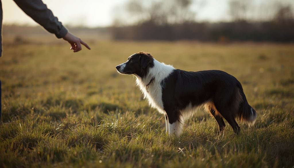 Border Collie following a person’s pointing gesture during a cooperative outdoor interaction.