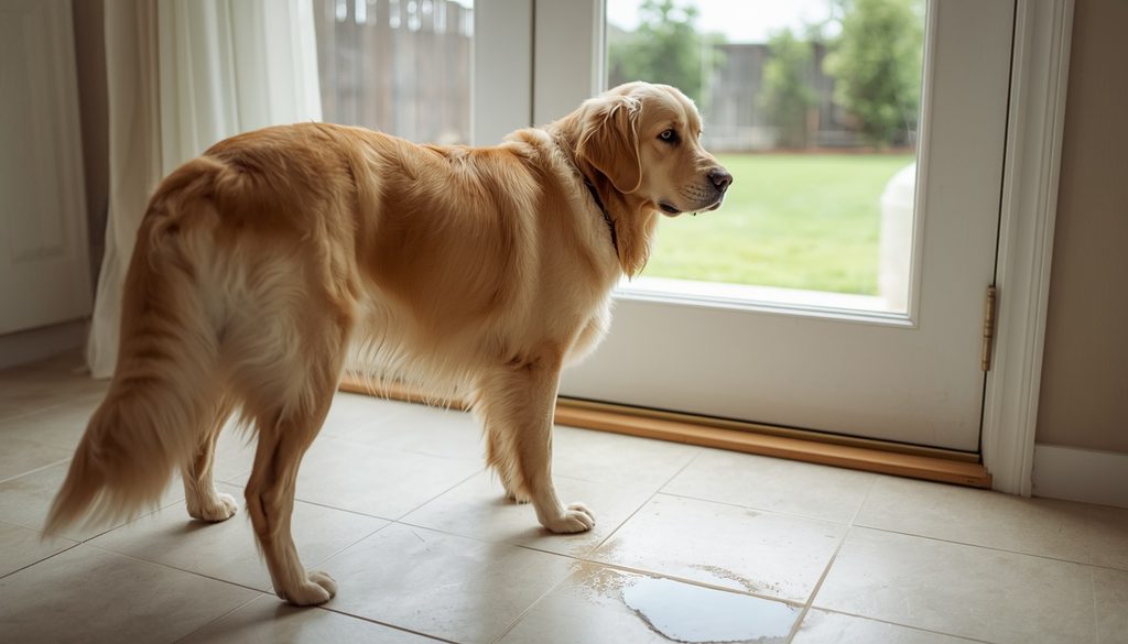 Female dog standing near the back door after unexpectedly urinating inside the house.