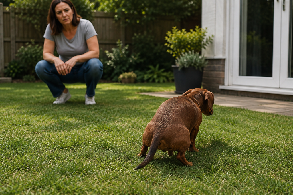 Female Dachshund repeatedly attempting to urinate in the backyard while her owner watches for signs of a urinary problem.