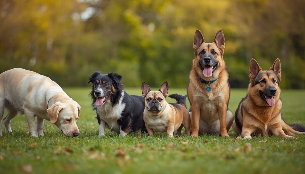 Different dog breeds interacting naturally together outdoors