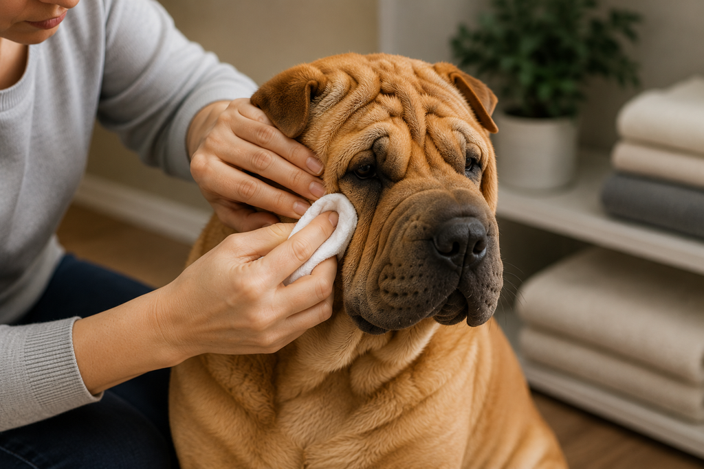 Chinese Shar-Pei having its facial folds gently cleaned by its owner during a home grooming session