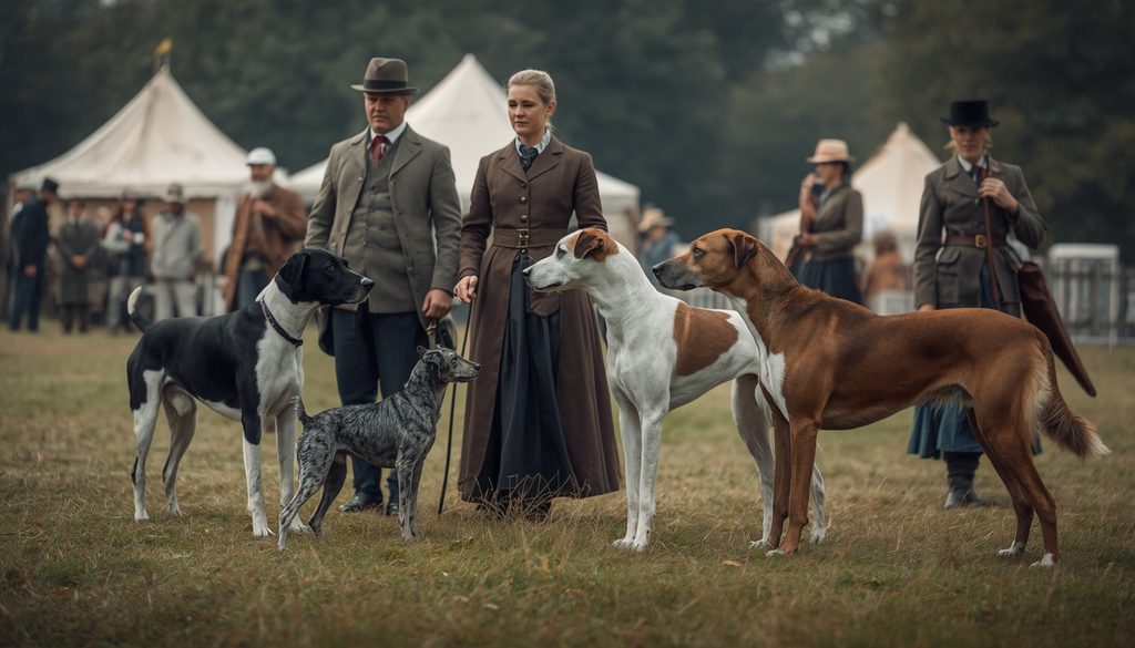 Different working dog types with handlers at an early European dog gathering during the rise of modern breed standards.