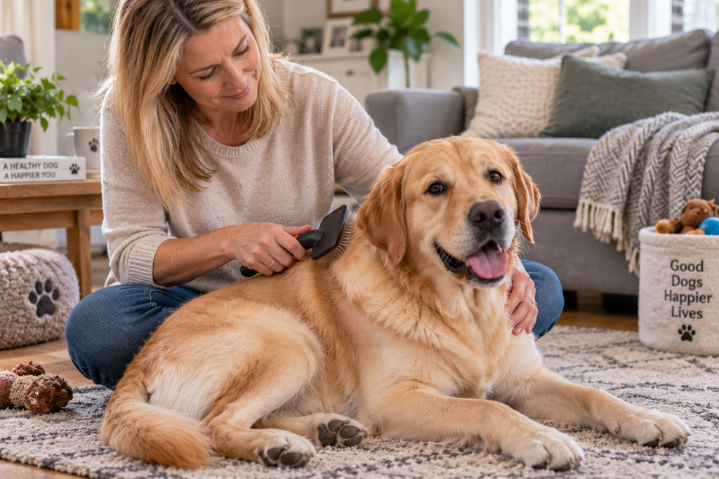 Dog receiving routine coat care as part of a regular grooming schedule.