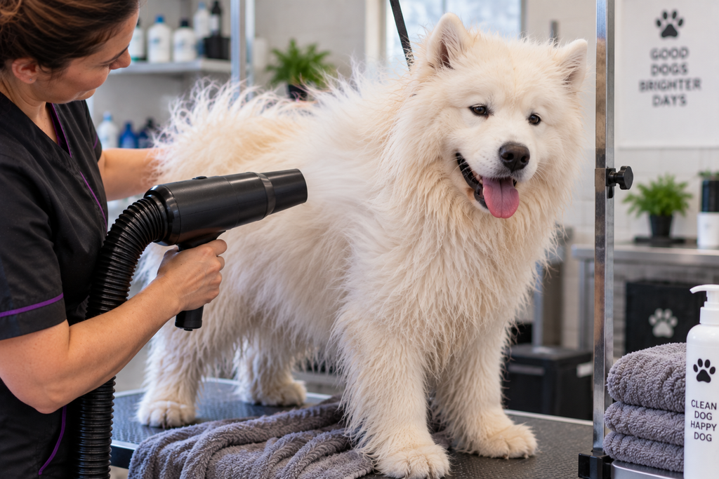 Dog being gently dried after bathing before the final stages of grooming.