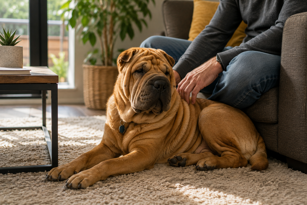 Chinese Shar-Pei relaxing beside its owner at home during a quiet everyday moment