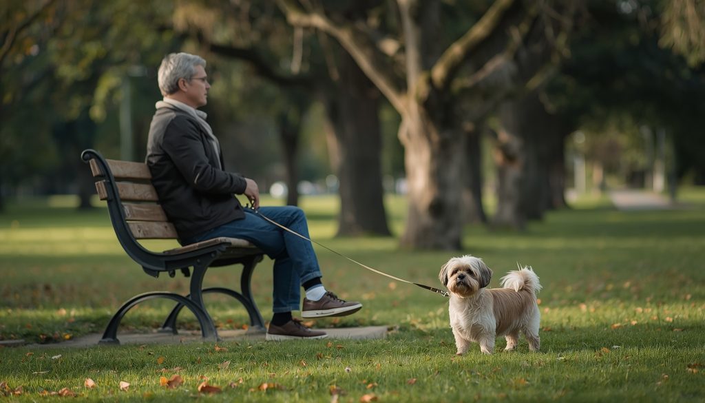 Lhasa Apso relaxing with its owner in a quiet park