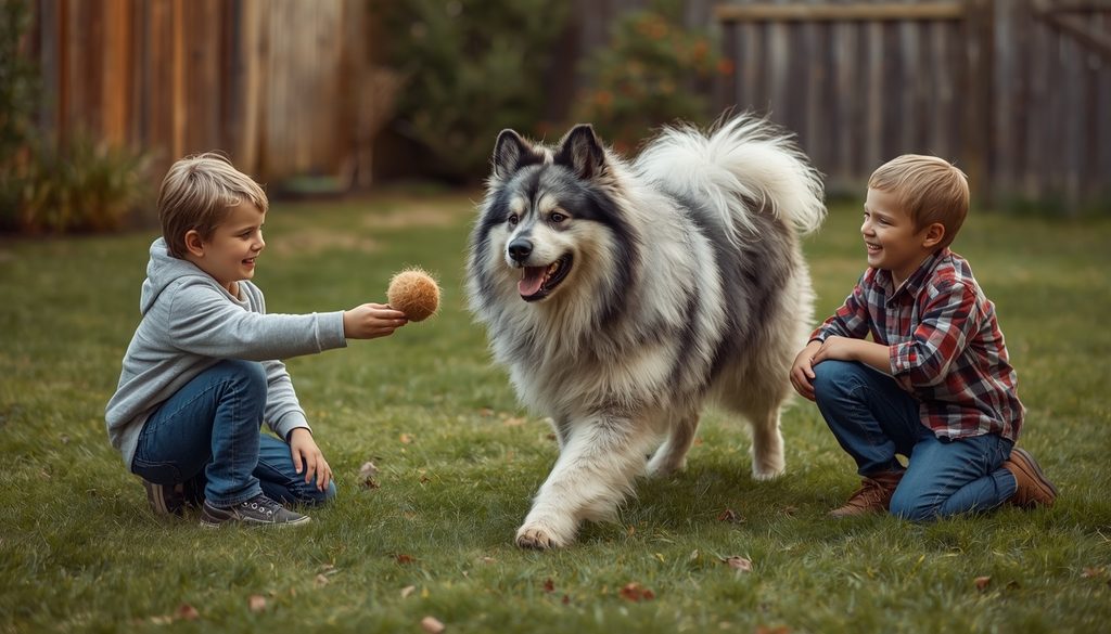 Keeshond playing gently with two children in a family backyard.
