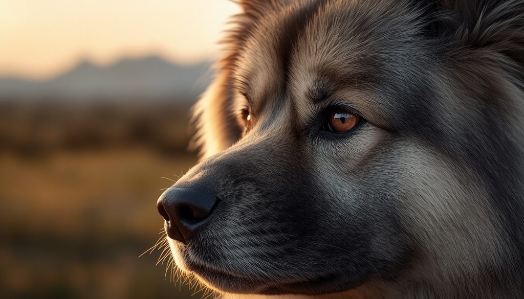 Close-up Keeshond with expressive brown eyes against a softly blurred natural landscape.