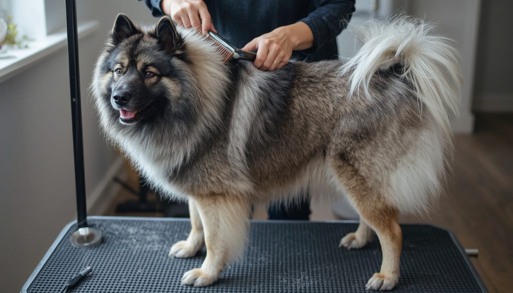 Keeshond being carefully brushed by its owner to remove loose undercoat during regular grooming.