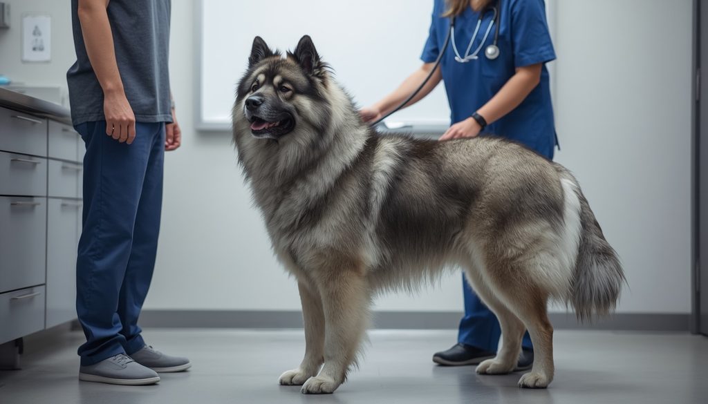 Keeshond receiving a routine health examination from a veterinarian while its owner stands nearby.