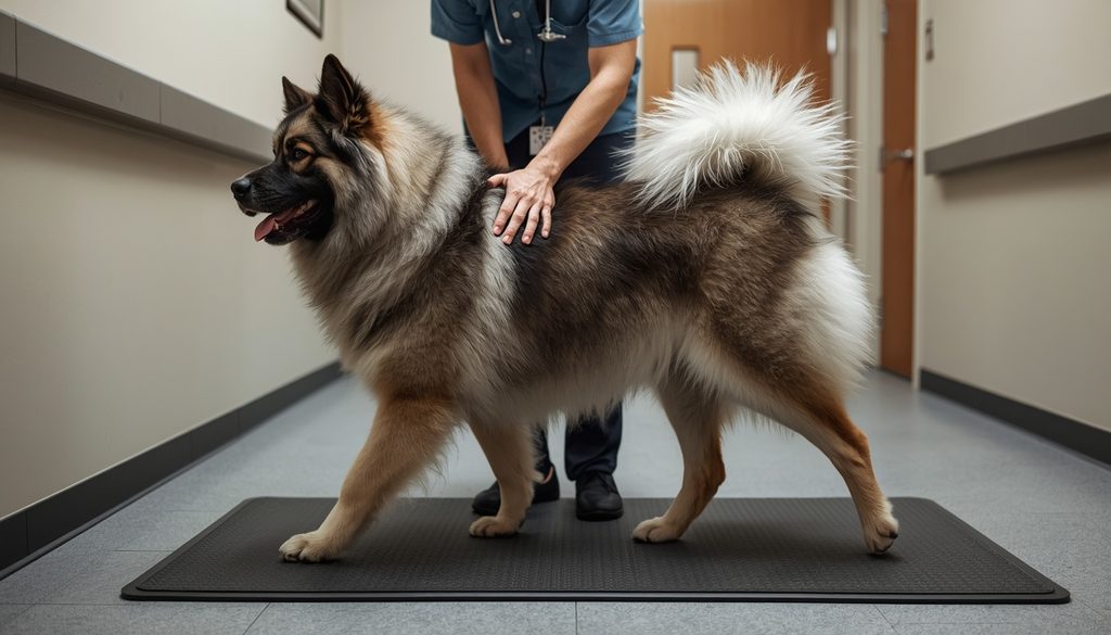 Keeshond having its hips and rear-leg movement checked during a veterinary examination.