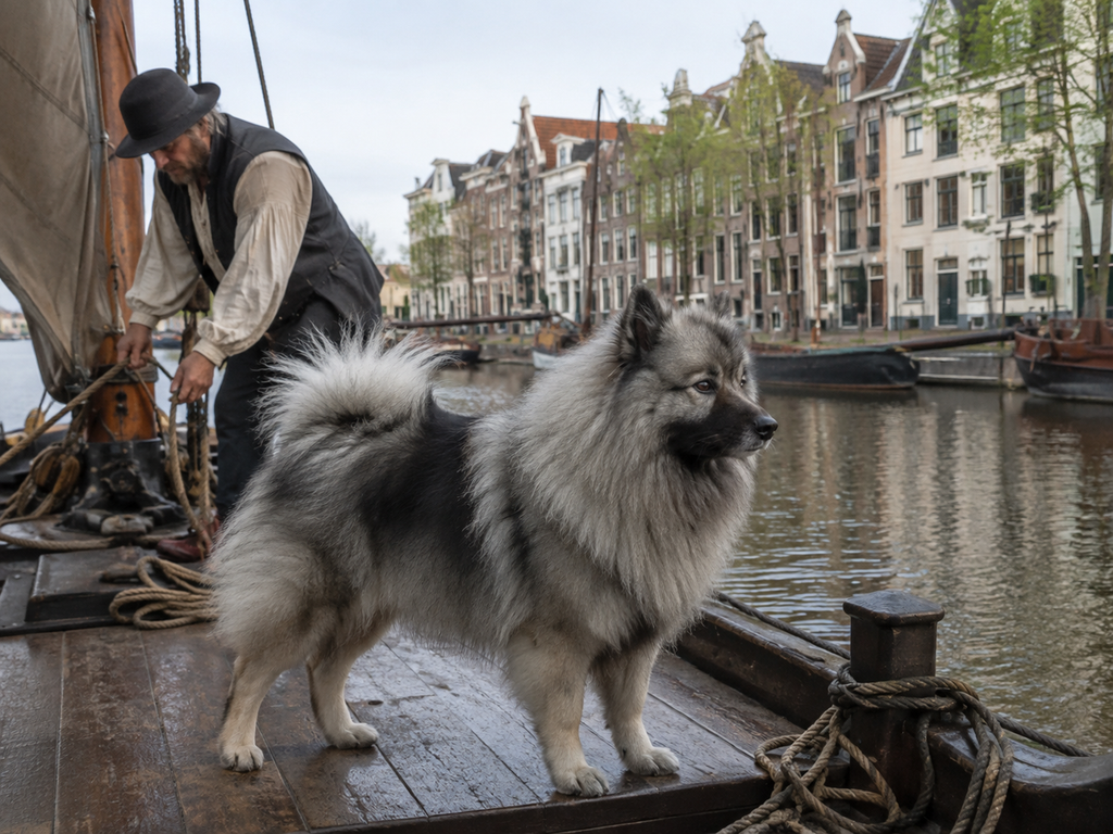 Keeshond standing alert on the deck of a traditional Dutch canal barge.