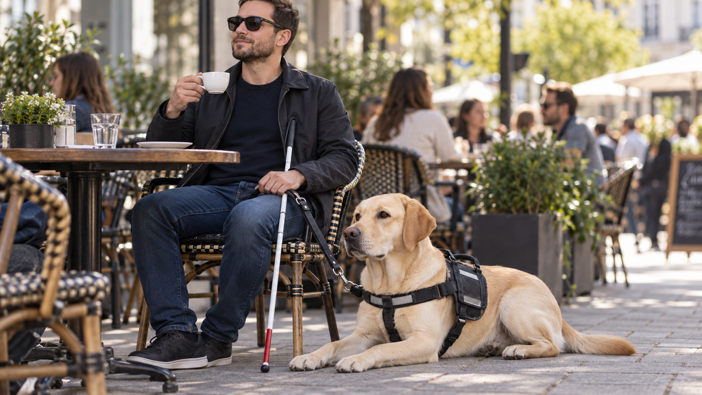 Labrador Retriever wearing properly fitted service dog gear beside its handler in a public setting