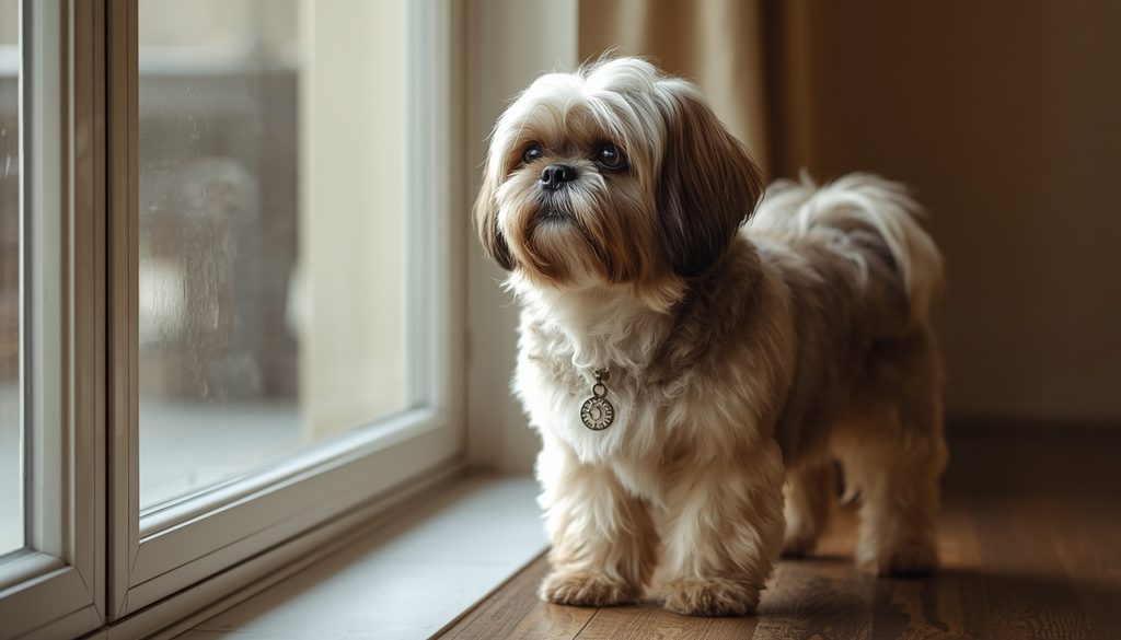 Adult Lhasa Apso standing indoors with a long natural coat and alert expression