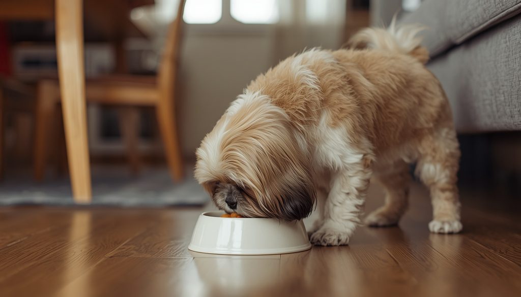 Lhasa Apso eating from a ceramic bowl during a normal mealtime