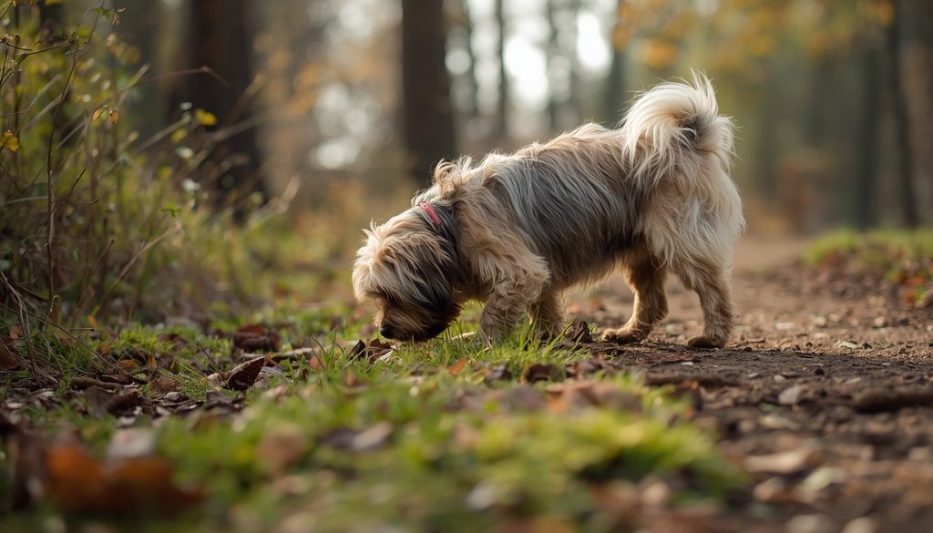 Lhasa Apso sniffing along a park trail during daily exercise