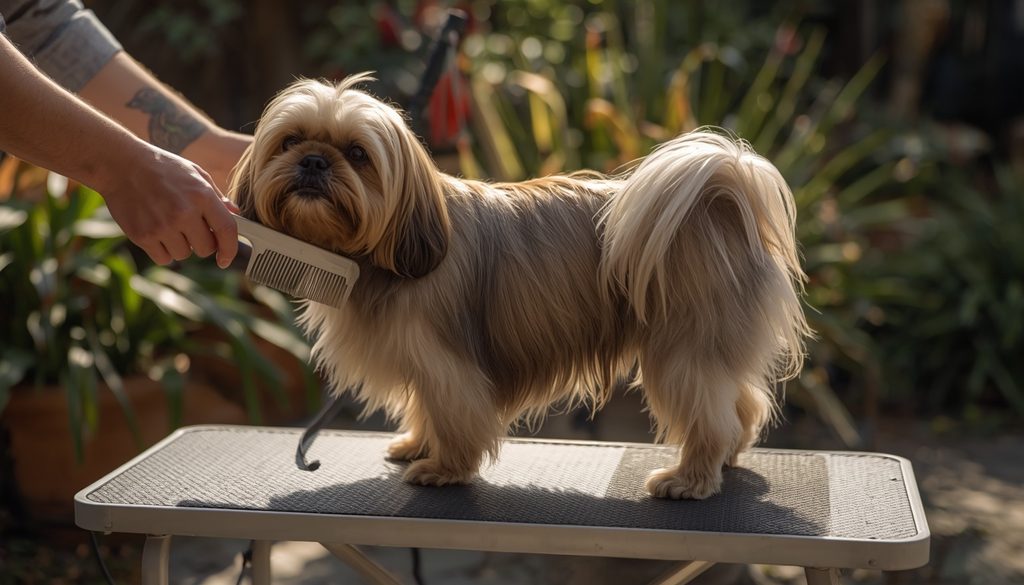 Owner combing the long coat of a Lhasa Apso during routine grooming