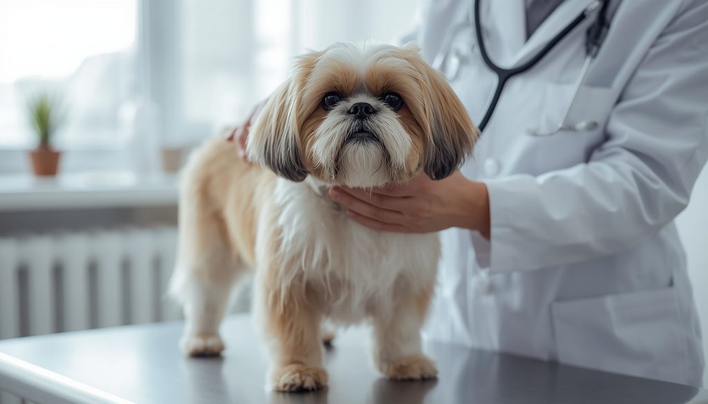 Lhasa Apso receiving a routine veterinary health examination