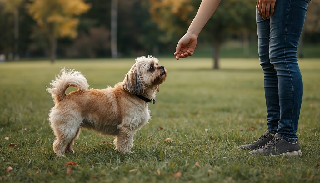 Lhasa Apso taking part in a positive reinforcement training session with its owner