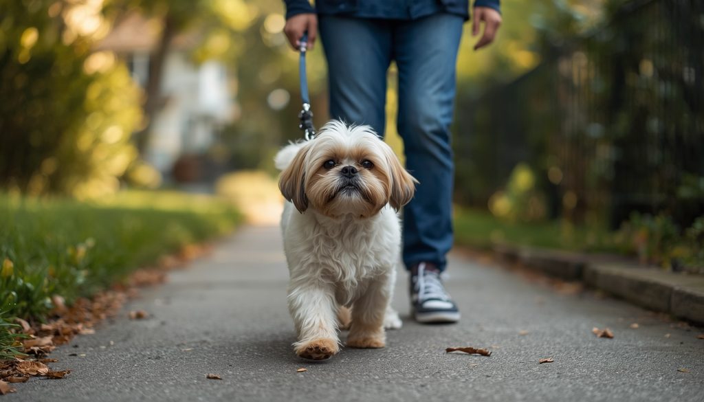 Lhasa Apso walking calmly beside its adult owner on a leafy neighborhood path