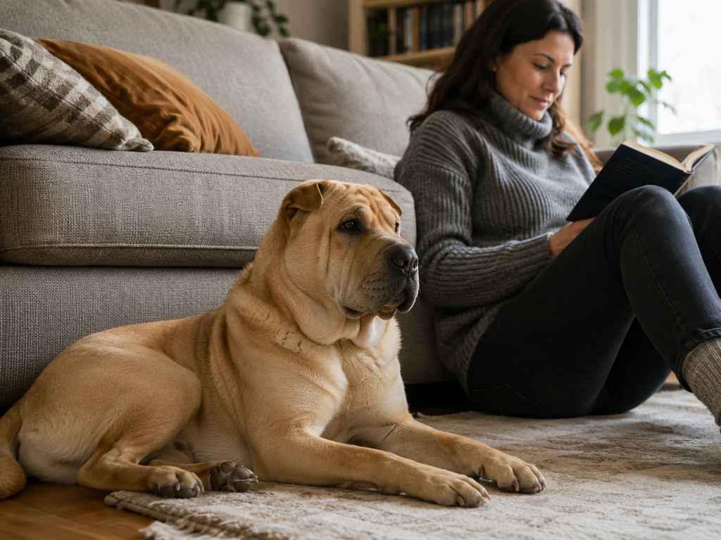 Chinese Shar-Pei relaxing beside its owner at home