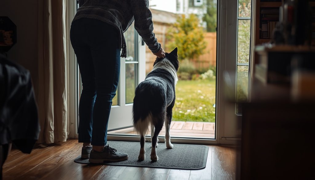 Older female Border Collie being gently guided toward the backyard for a toilet break.