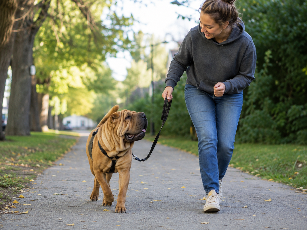 Chinese Shar-Pei walking briskly with its owner along a leafy path during daily exercise