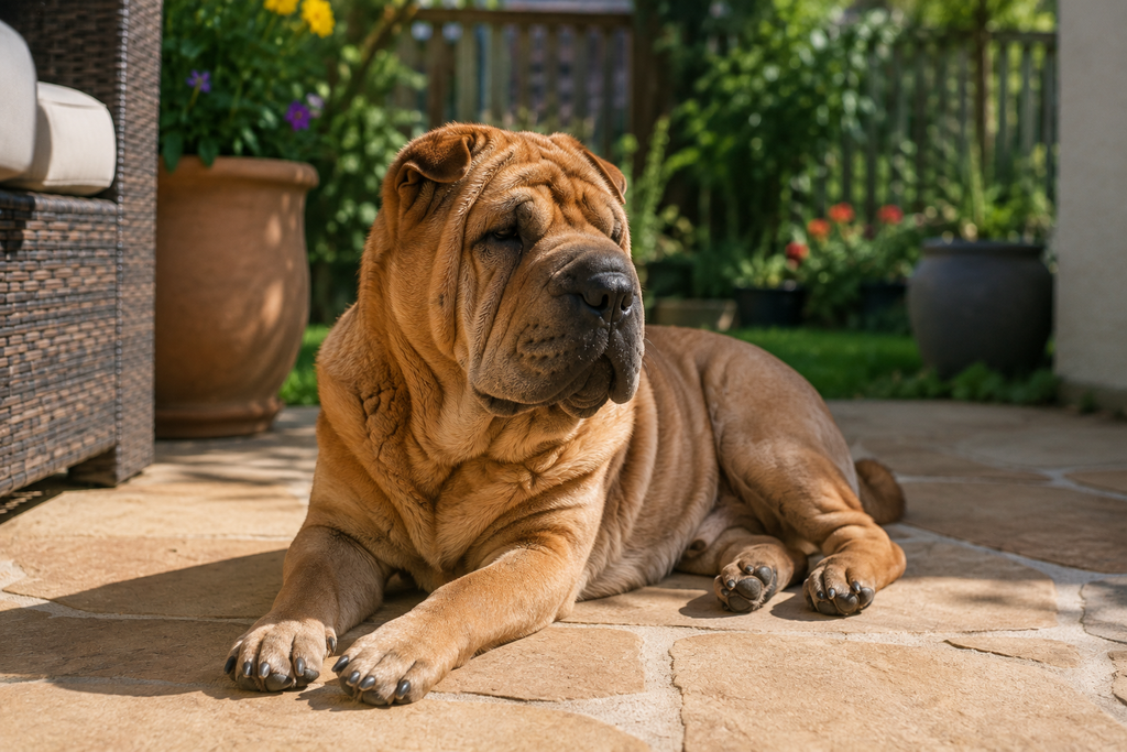 Senior Chinese Shar-Pei relaxing comfortably on a sunny patio during its later years