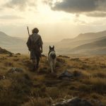 Prehistoric human walking with an early domestic dog while a wild wolf watches from a distant ridge.