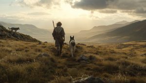 Prehistoric human walking with an early domestic dog while a wild wolf watches from a distant ridge.