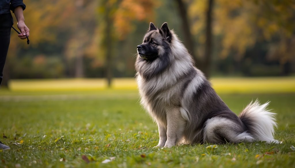 Keeshond practicing a calm sit-and-wait exercise with its owner during an outdoor training session.