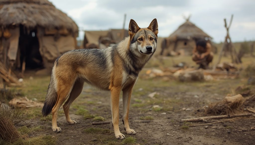 Wolf-like early domestic dog standing near a prehistoric human camp. 