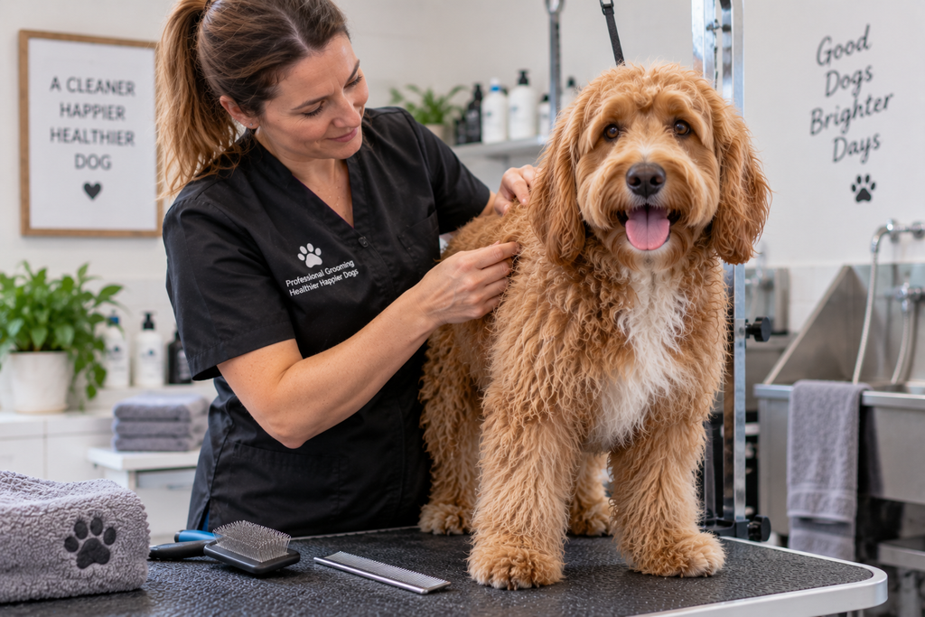 Professional dog groomer carefully examining a dog's coat before beginning a grooming session.